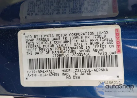 2003 Toyota Corolla Le from USA, damaged, VIN JTDBR32E130033456